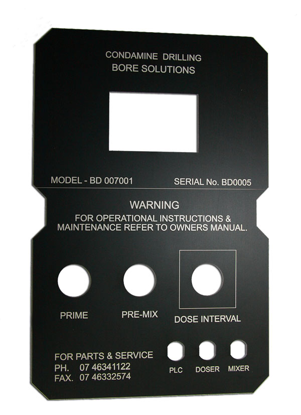 Black aluminium laser marked control panel